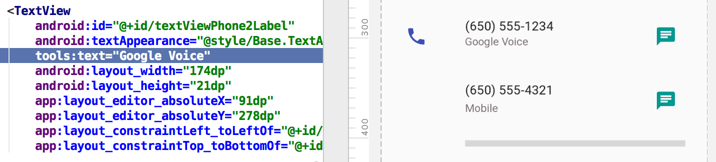 The tools:text attribute sets Google Voice as the value for the layout
preview